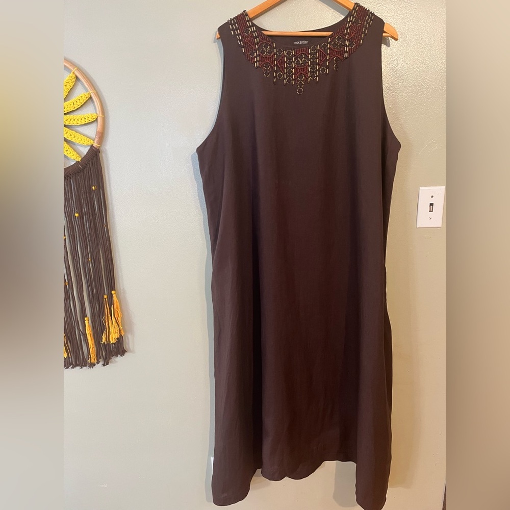 Eskandar Brown  Embroidered Beaded Midi Dress A Line Lagenlook Size 2 14/16